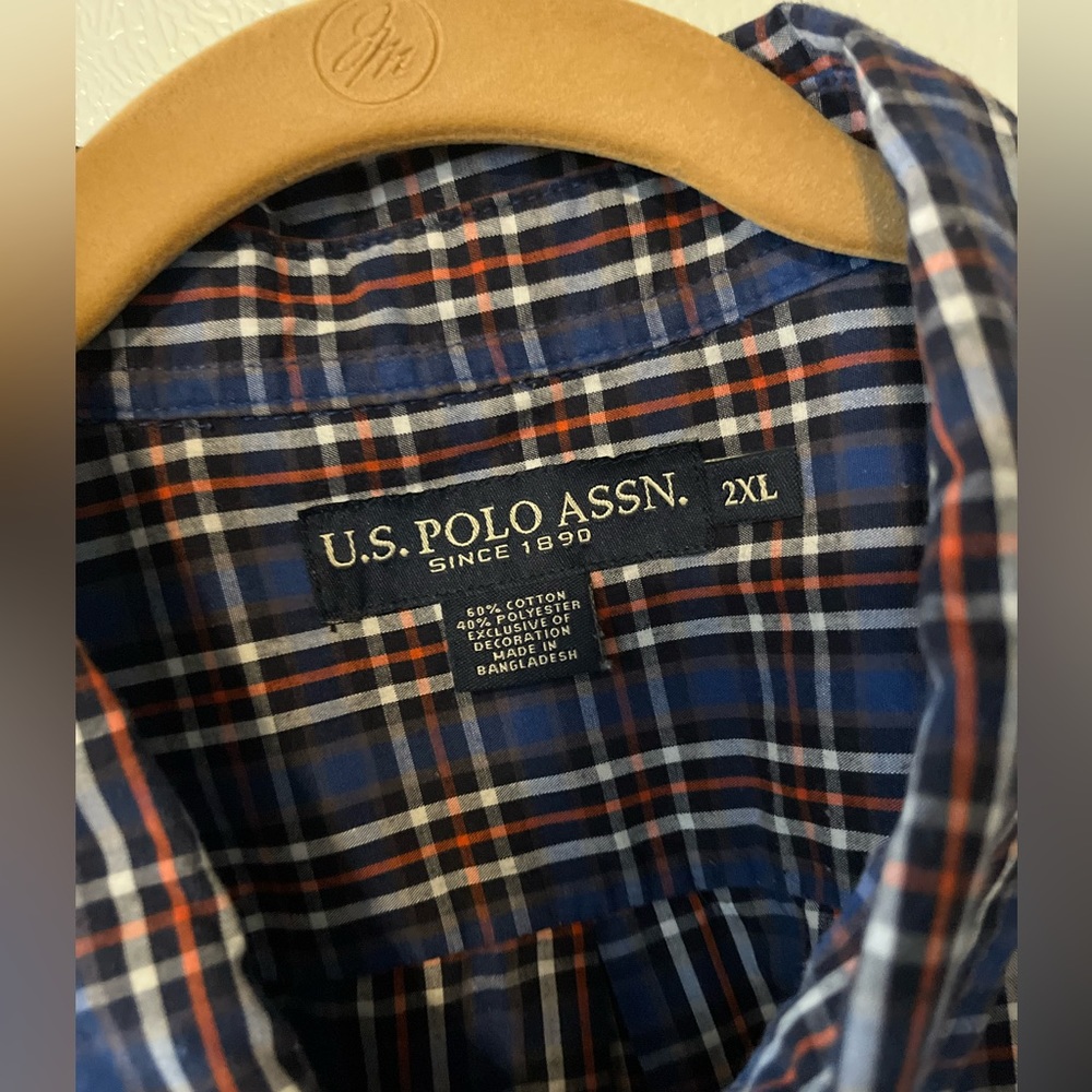 US Polo Assn Mens 2XL Button Up Shirt Blue Orange Long Sleeve, Big Tall